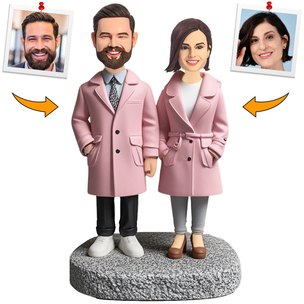 Happy Couple Wearing Pink Windbreaker Custom Bobbleheads