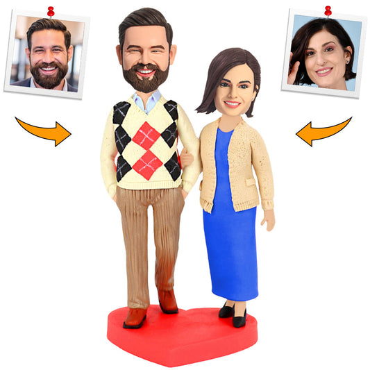 Handmade Happy Couple in Sweaters Custom Bobbleheads