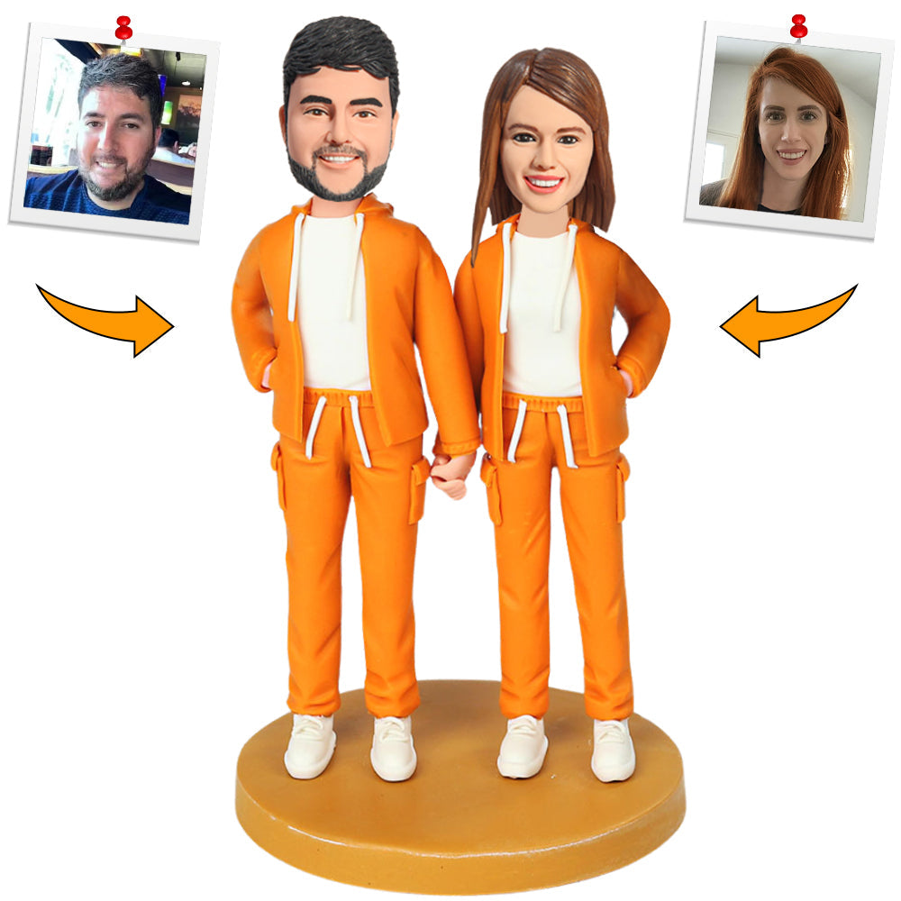 Handmade Couple Wearing Orange Hoodies Custom Bobbleheads