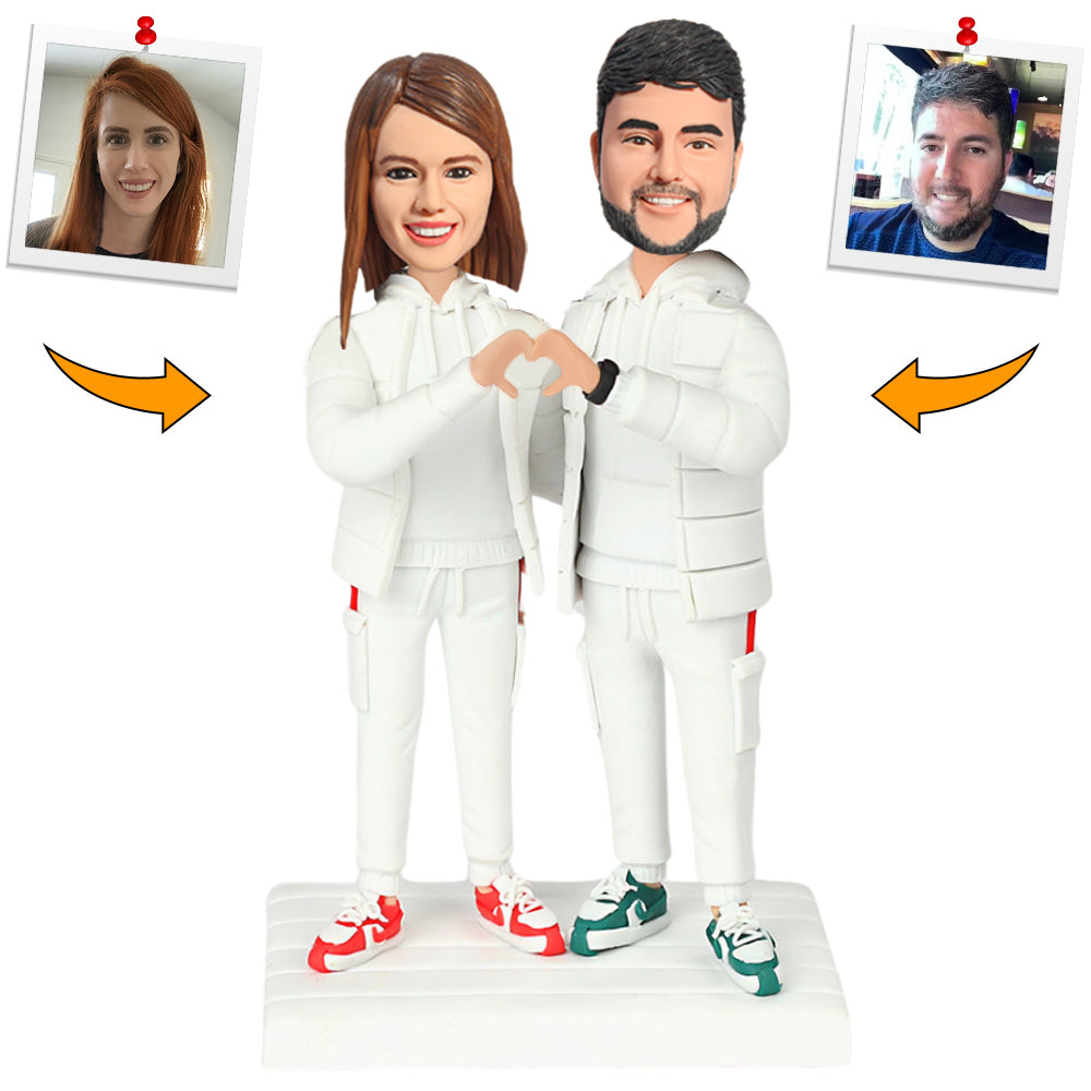 Handmade Couple Wearing Down Jackets Custom Bobbleheads