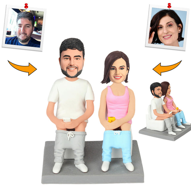 Custom Handmade Couple Squatting on the Toilet Bobblehead