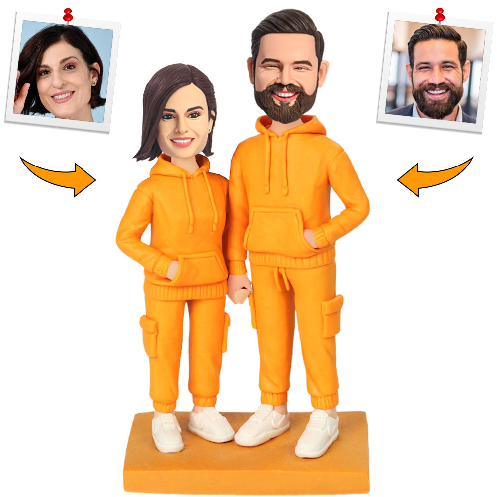 Handmade Couple in Orange Sweatshirts Custom Bobbleheads