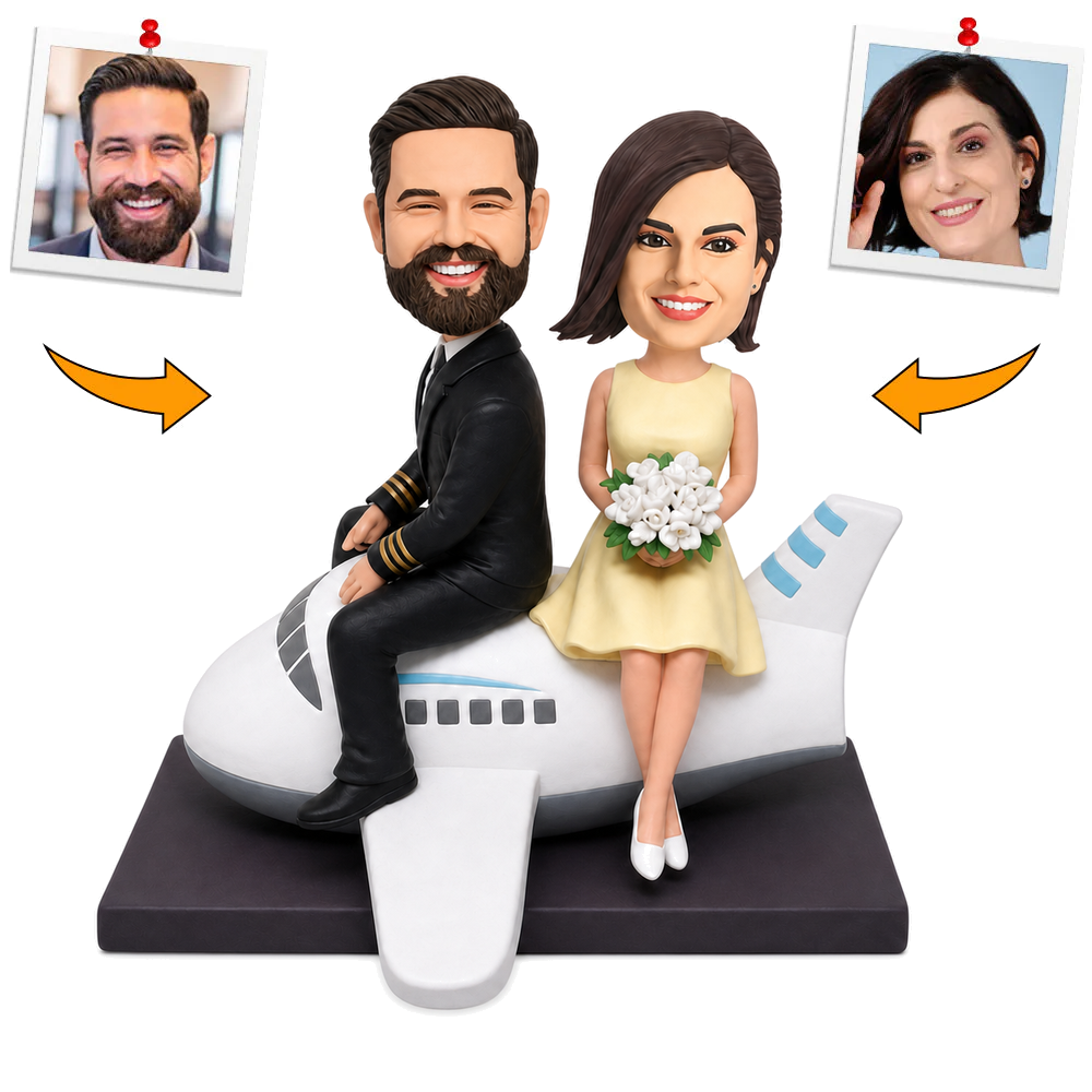 Bride and Groom Aviation Couple on Airplane Custom Bobbleheads