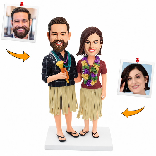 Custom Hawaiian Hula Couple Bobbleheads in Grass Skirts Custom Bobbleheads