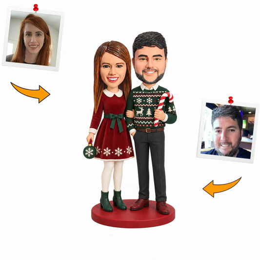 Custom Christmas Couple Holding Candy Cane and Ornament Bobblehead
