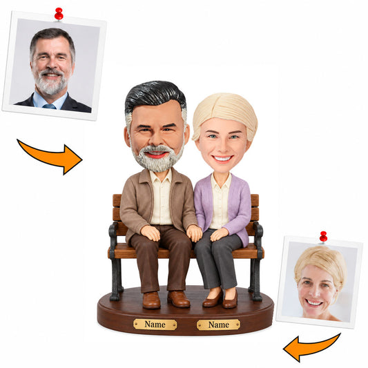 Custom Grandparents Sitting on Bench with Nameplates Bobblehead