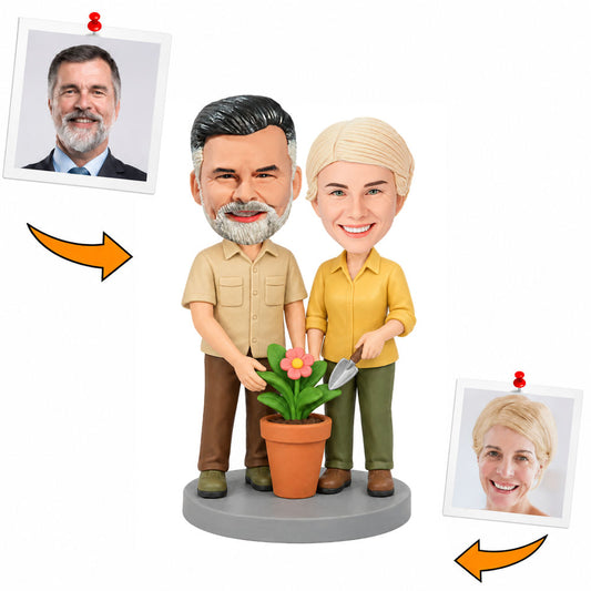 Custom Grandparents Gardening with Potted Plant Bobblehead