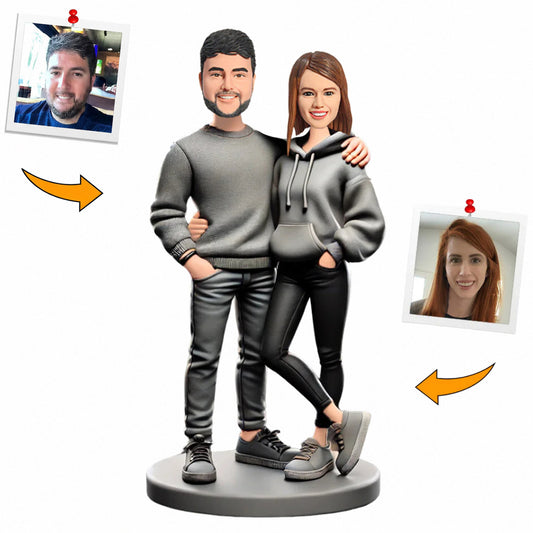 Grey Sweatshirts Couple Custom Bobbleheads Handmade