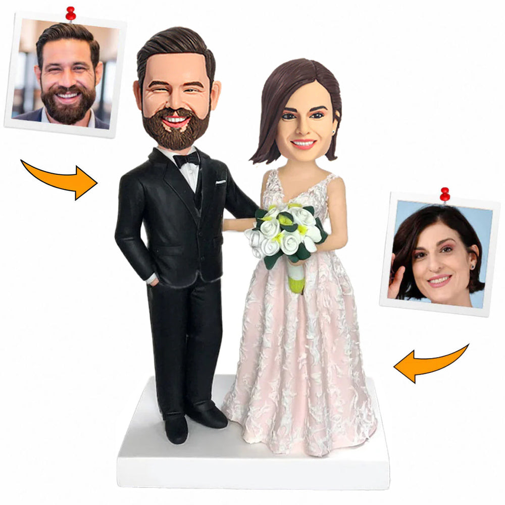 Couple in Black Suits and Wedding Dresses Custom Bobbleheads