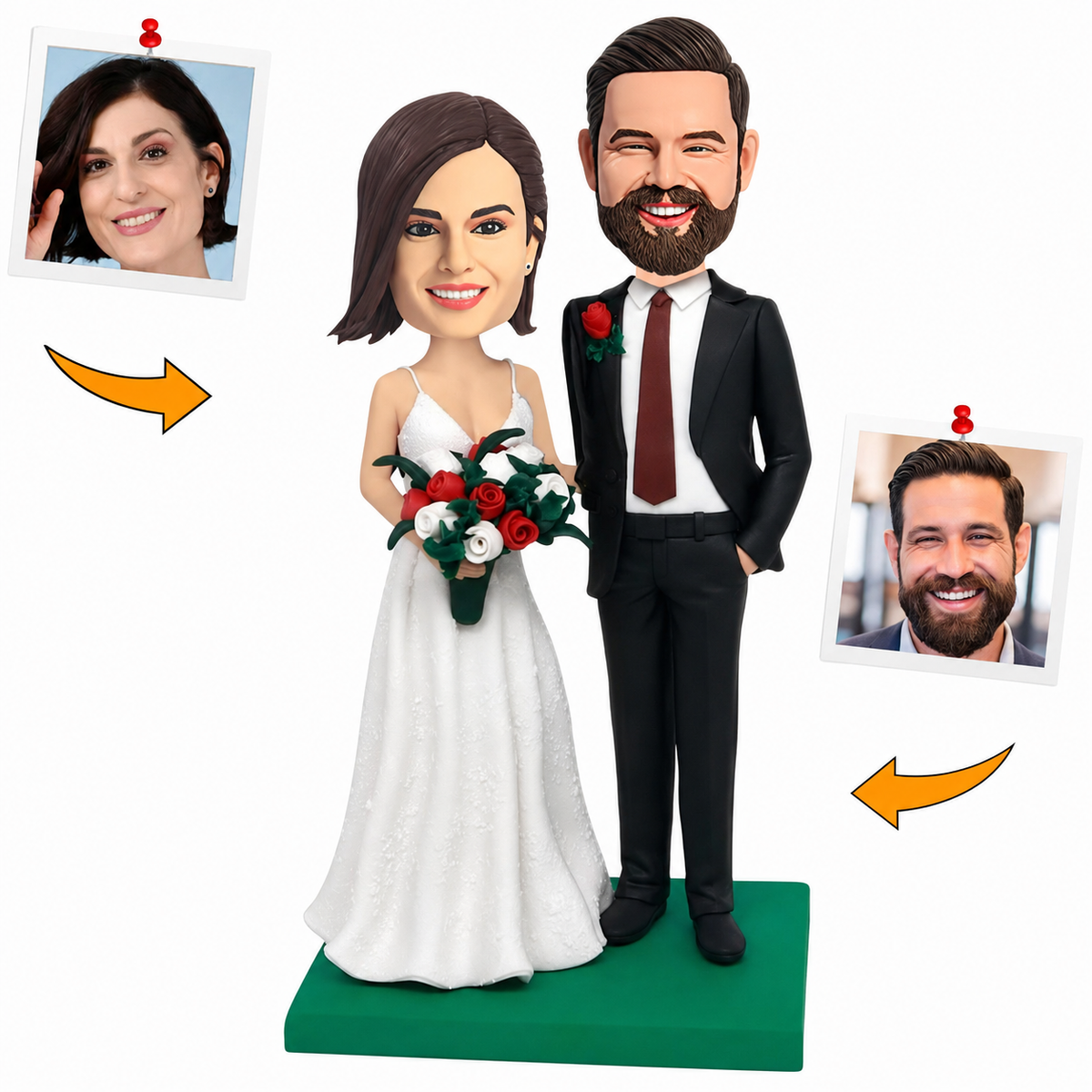 Romantic Wedding Couple with Rose Bouquet Custom Bobbleheads