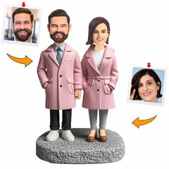Happy Couple Wearing Pink Windbreaker Handcraft Custom Bobbleheads