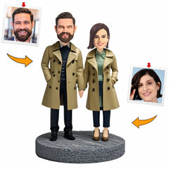 Couple Wearing Trench Coat Suit Handcraft Custom Bobbleheads