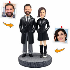 Couple Wearing Black Trench Coat Suit Handcraft Custom Bobbleheads