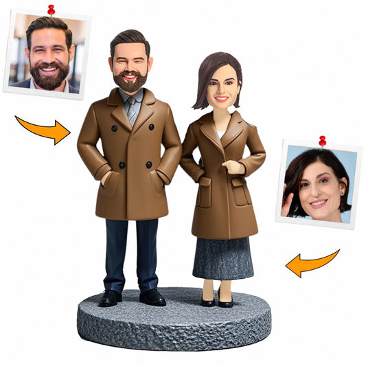 Happy Couple Wearing Dark Brown Trench Coats Handcraft Custom Bobbleheads