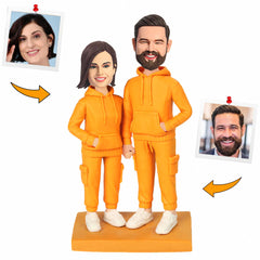 Handmade Couple in Orange Sweatshirts Custom Bobbleheads