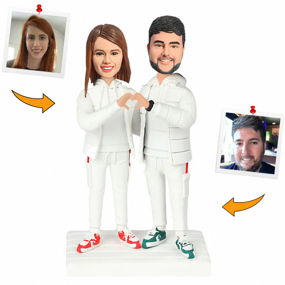 Handmade Couple Wearing Down Jackets Custom Bobbleheads