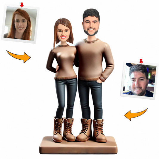 Brown Sweatshirts Couple Custom Bobbleheads Handmade Gifts