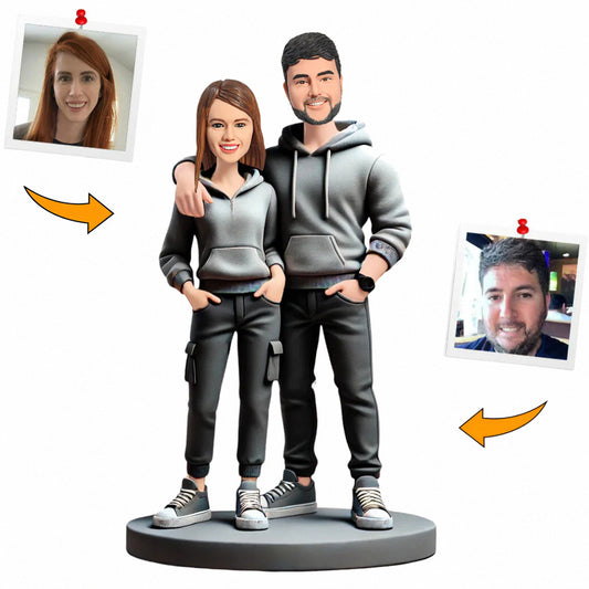 Casual Couple Wearing Hoodies Custom Bobbleheads Handmade Gifts