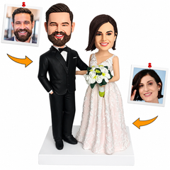 Couple in Black Suits and Wedding Dresses Custom Bobbleheads