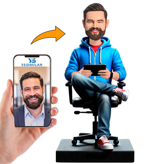 Handmade Boss Sitting on Chair Playing with Tablet Custom Bobbleheads